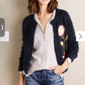 Moth By Anthropologie Dark Blue Sweater Cardigan Wool Butterfly Insect Flower XS